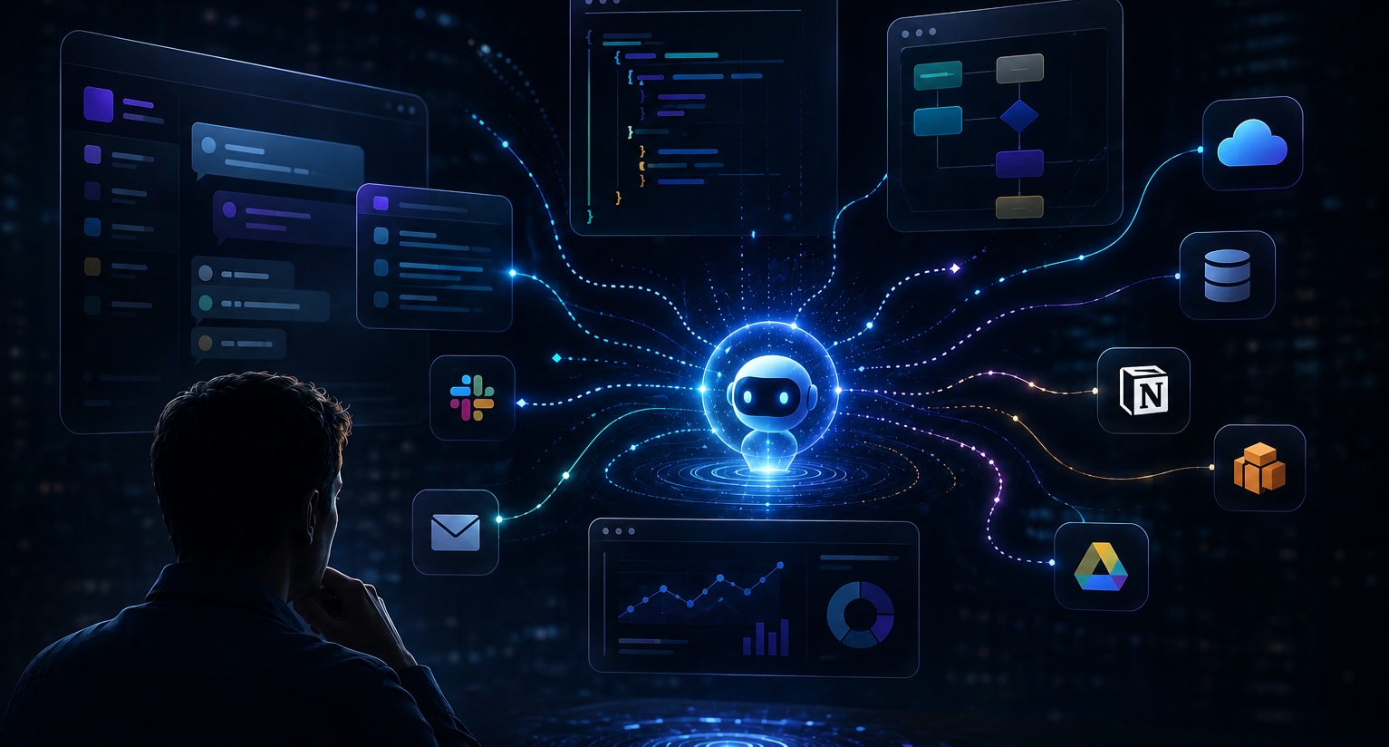 A figure watches a holographic interface where an AI agent at the centre radiates dotted connections out to floating panels and app icons — Slack, Notion, Drive, Gmail, code, charts — orchestrating across software without touching a single button.